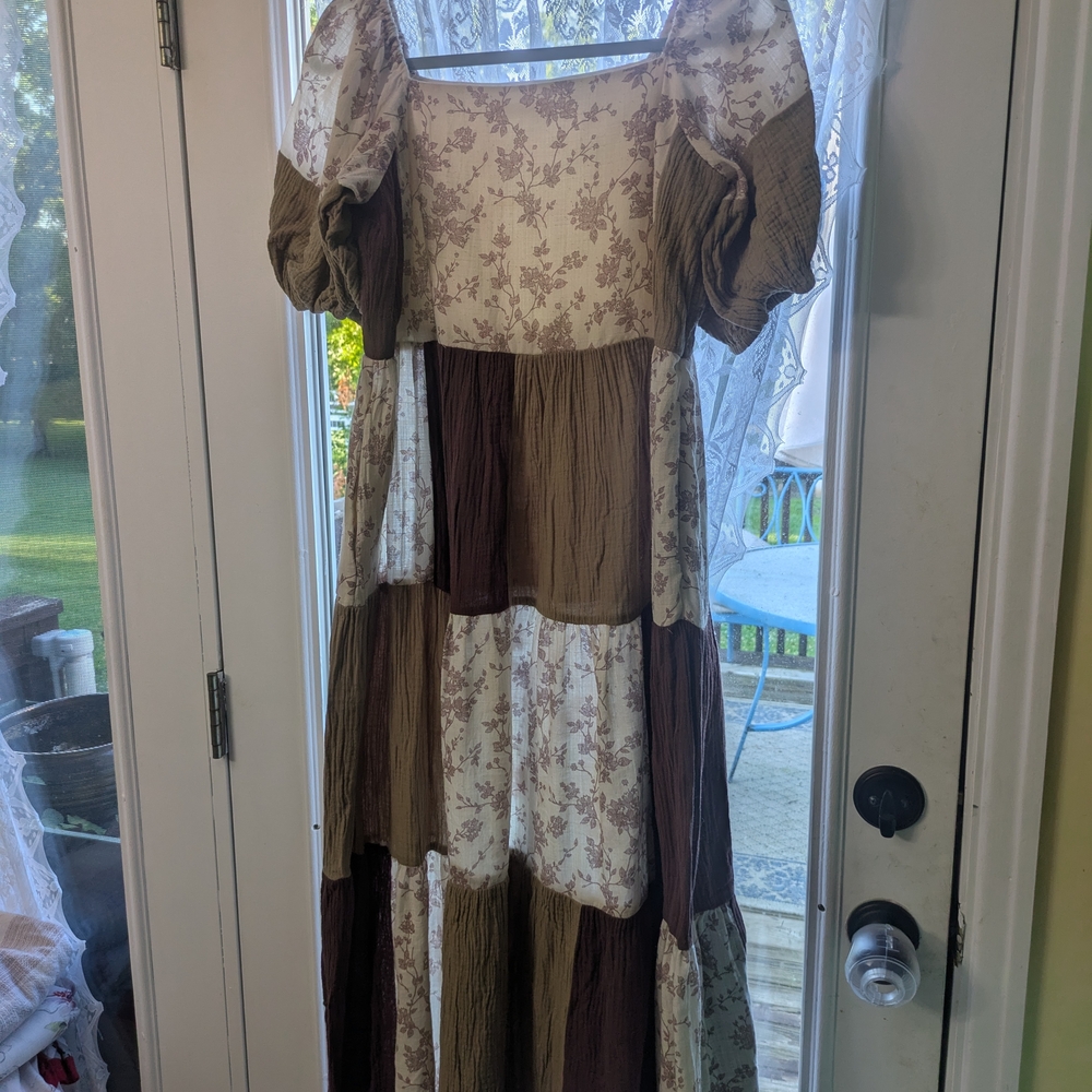Cream and Brown Puff Sleeve Maxi Sundress